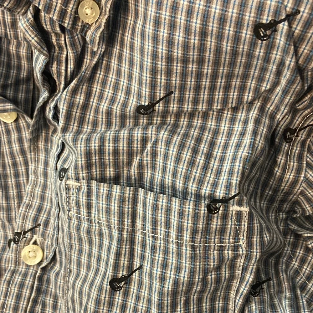 GapKids Plaid Button-Up Shirt with Guitar Print, Blue, Green & Tan